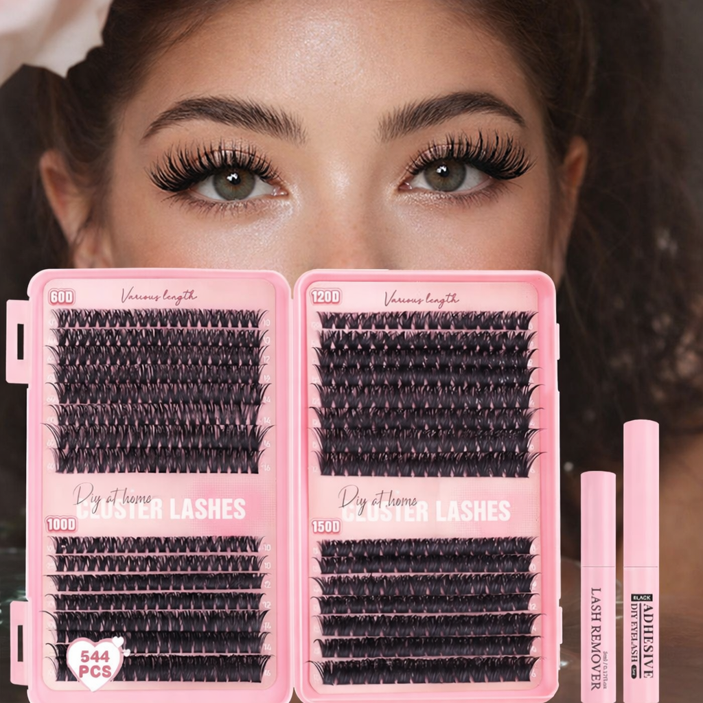 Letty Beauty Individual Eyelashes Kit 544Pcs Lash Clusters with Glue and Remover Volume Clusters Lashes Book Kit D Curl Eyelash Extensions for DIY at Home 10-16mm (60+100+120+150D)
